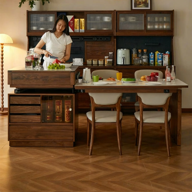 Household retractable solid wood integrated island dining table