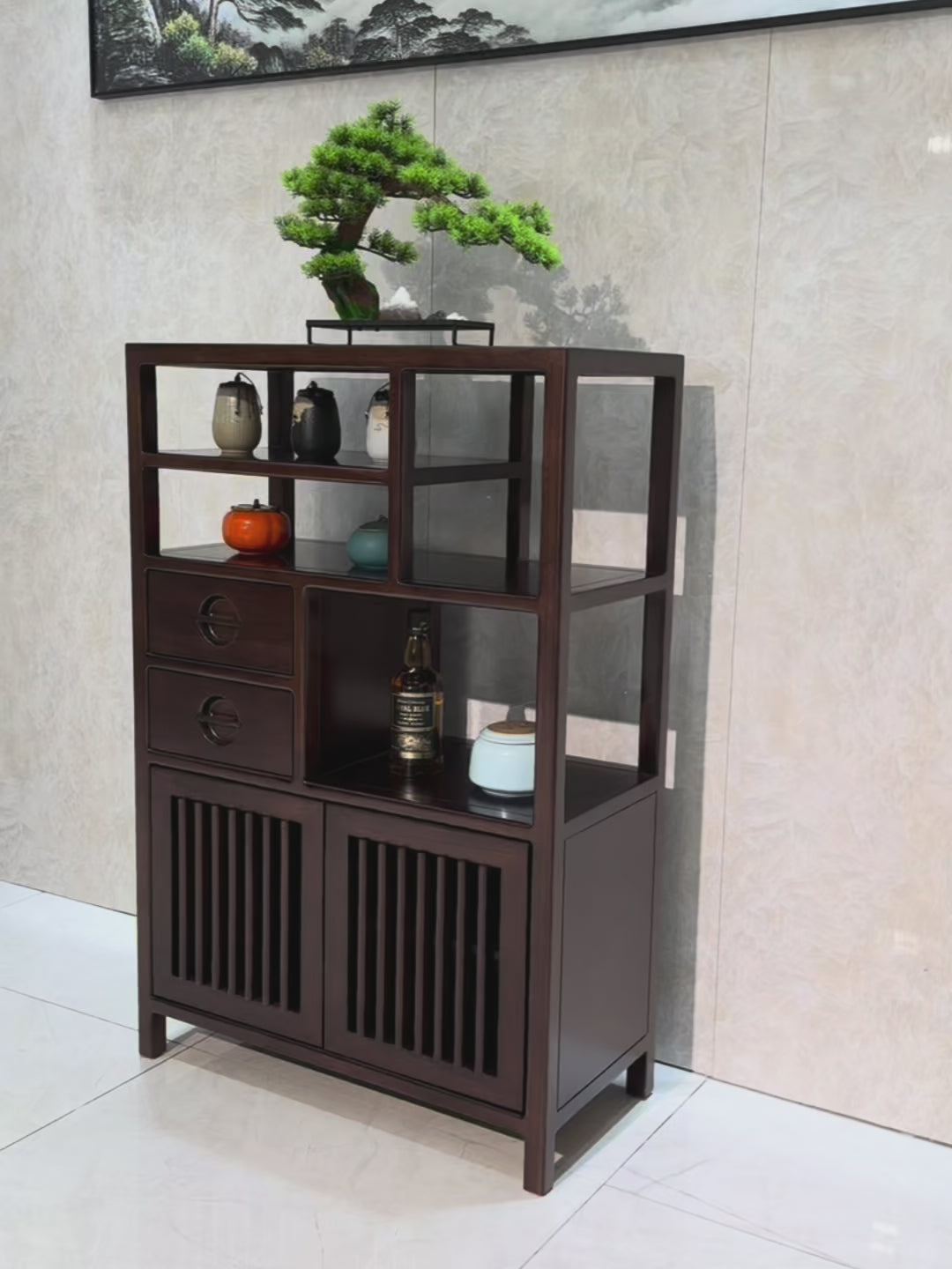 Indoor Chinese style black gold wood solid wood tea display cabinet
